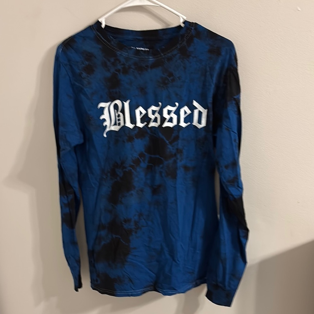 Blue and Black Tie-Dye 'Blessed' Long Sleeve Shirt